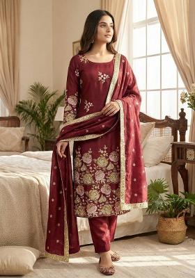 Maroon Embroidery Silk Kurta Set