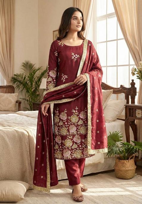 Maroon Embroidery Silk Kurta Set