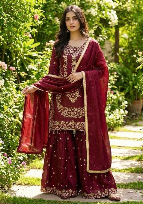 Maroon Embroidery Silk Kurta Set