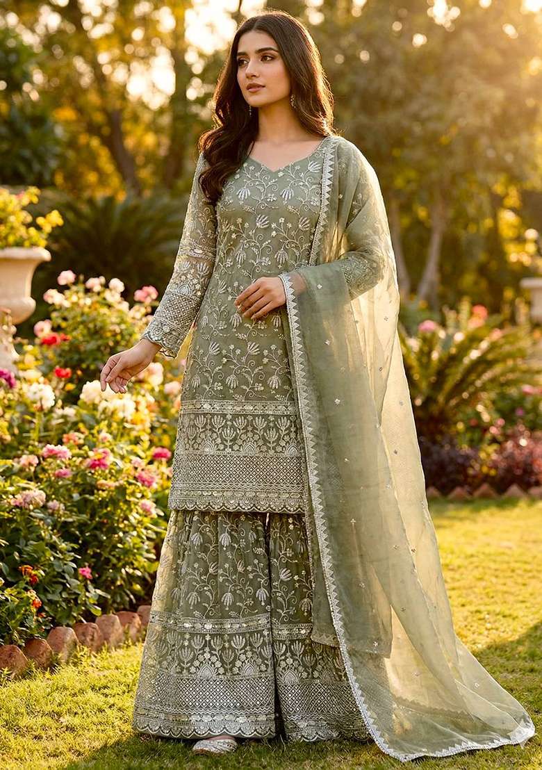 Olive Green Embroidery Silk Sharara Set - Indya