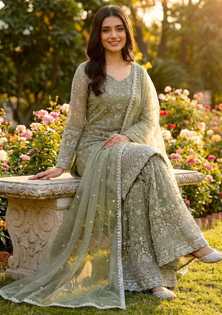 Olive Green Embroidery Silk Sharara Set - Indya