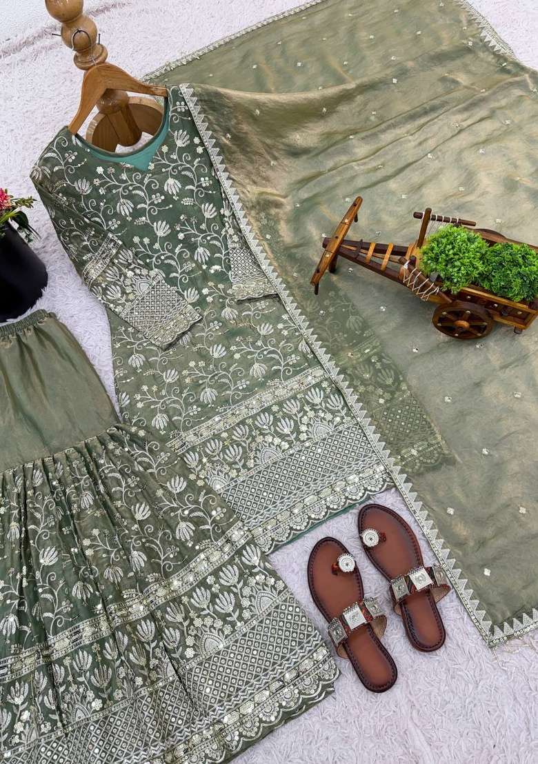 Olive Green Embroidery Silk Sharara Set - Indya