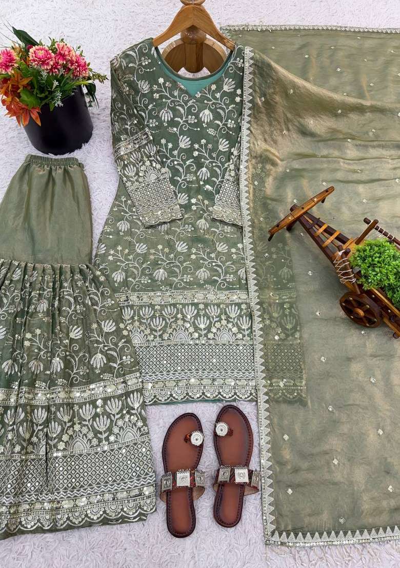 Olive Green Embroidery Silk Sharara Set - Indya