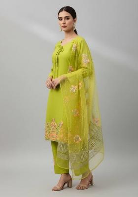 Parrot Green Embroidery Silk Kurta Set
