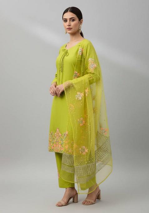 Parrot Green Embroidery Silk Kurta Set