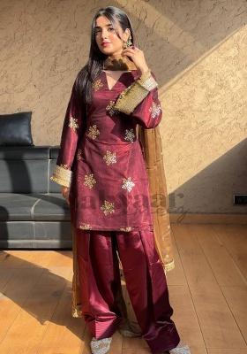 Maroon Embroidery Silk Kurta Set