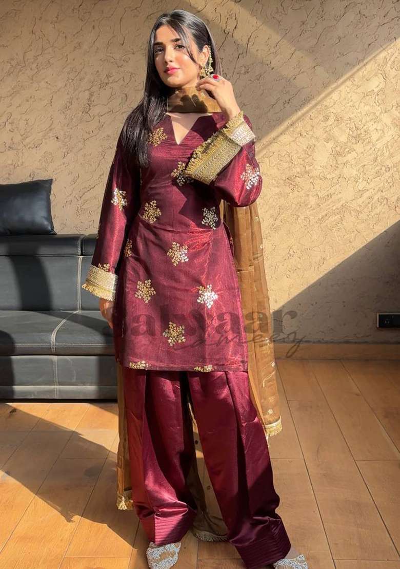 Maroon Embroidery Silk Kurta Set - Indya