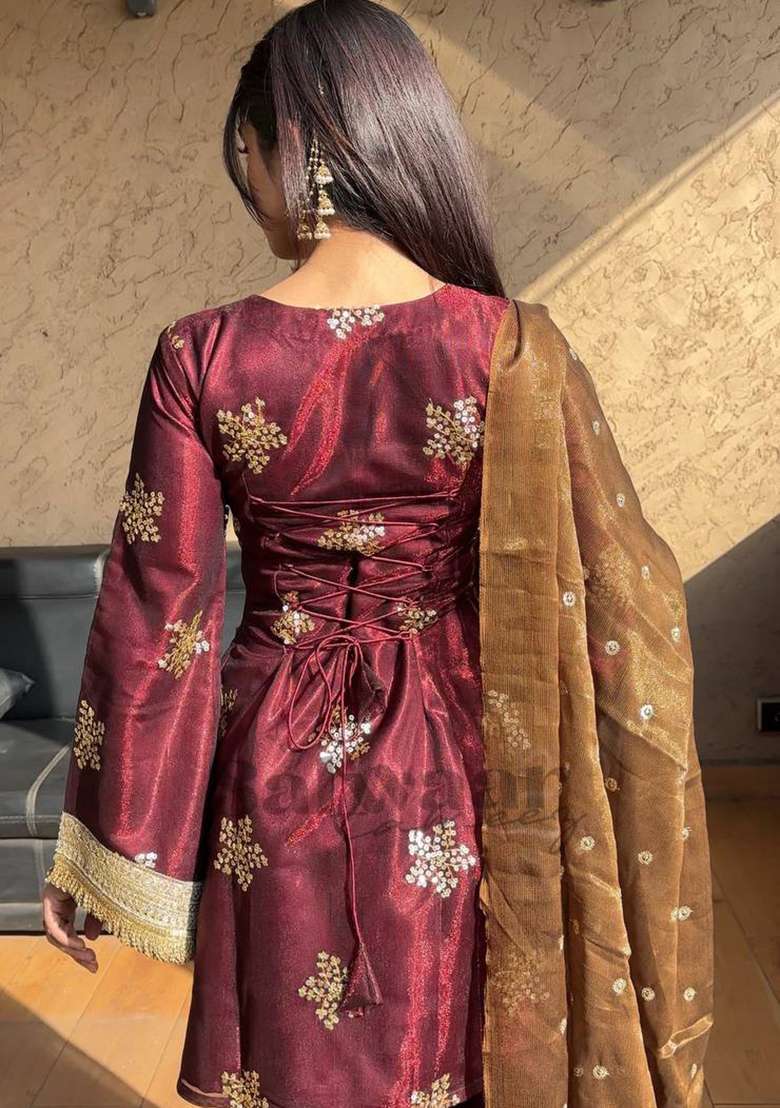 Maroon Embroidery Silk Kurta Set - Indya