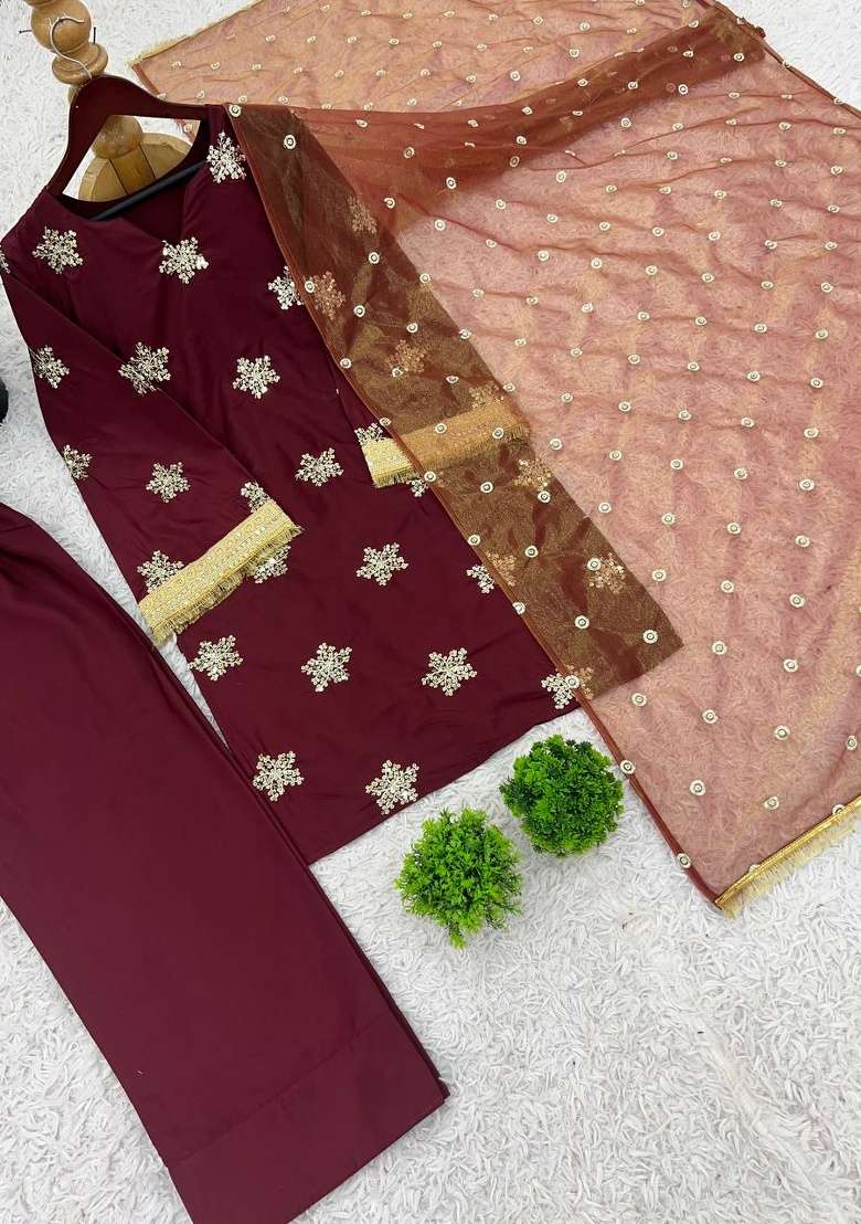 Maroon Embroidery Silk Kurta Set - Indya