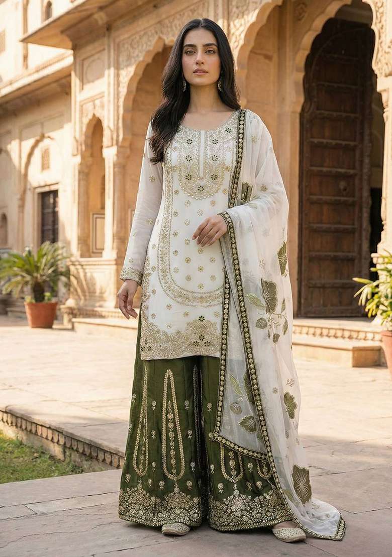 Green Embroidery Silk Sharara Set - Indya