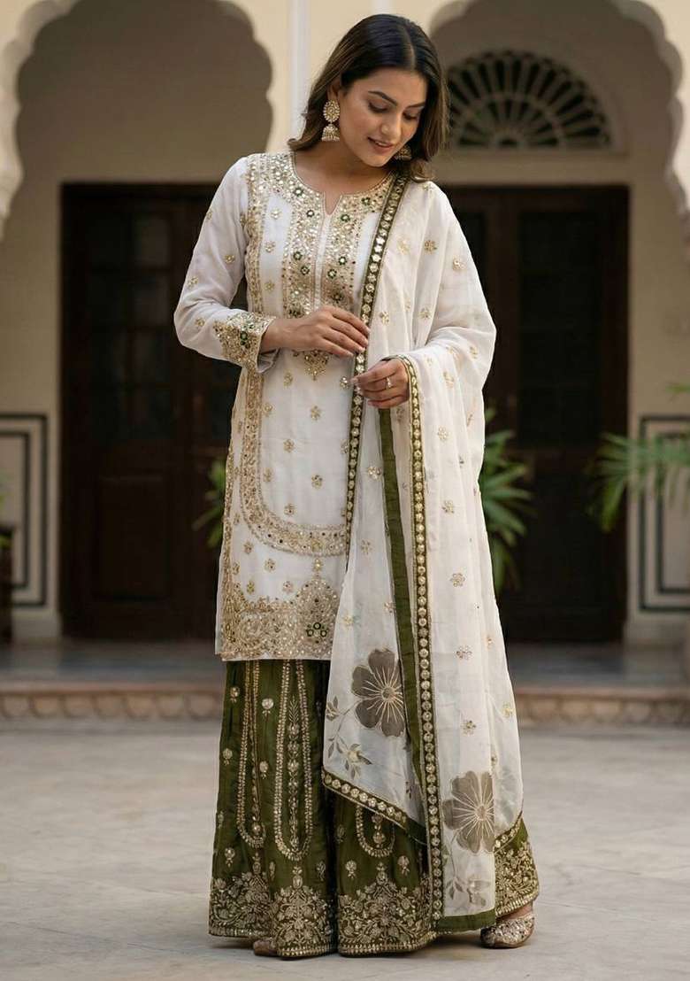 Green Embroidery Silk Sharara Set - Indya