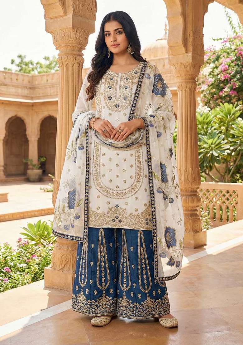 Blue Embroidery Silk Sharara Set - Indya