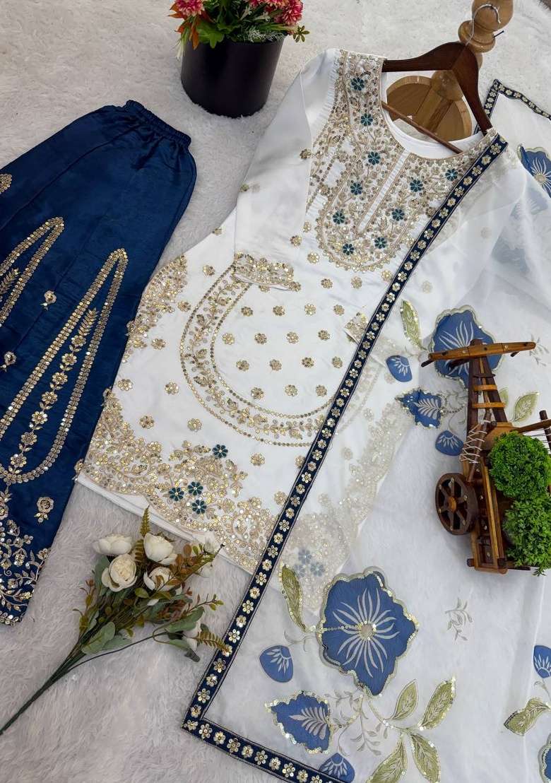 Blue Embroidery Silk Sharara Set - Indya