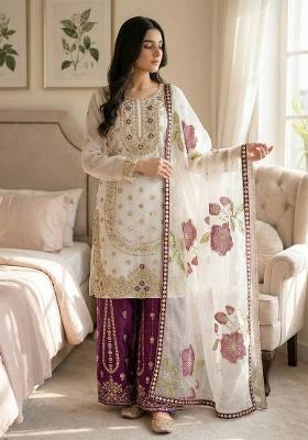 Purple Embroidery Silk Kurta Set