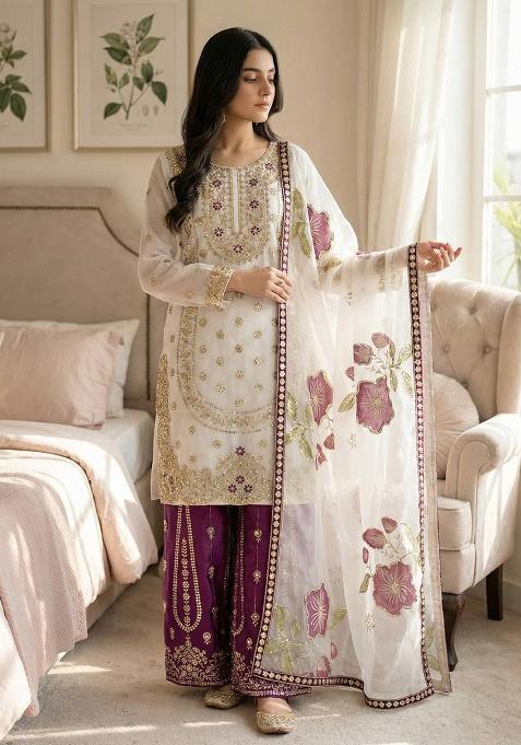 Purple Embroidery Silk Kurta Set