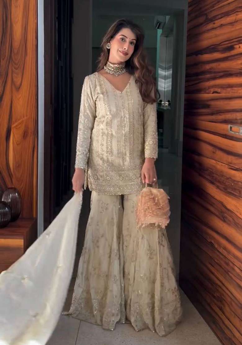 Cream Embroidery Georgette Sharara Set - Indya