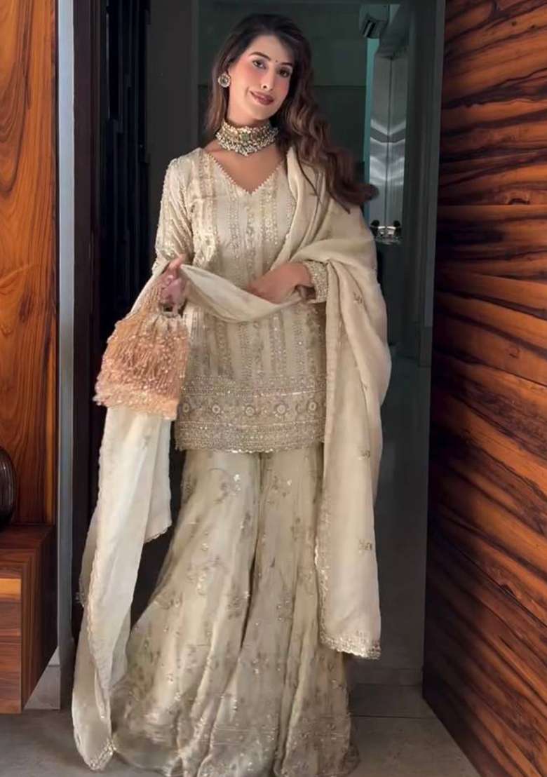 Cream Embroidery Georgette Sharara Set - Indya