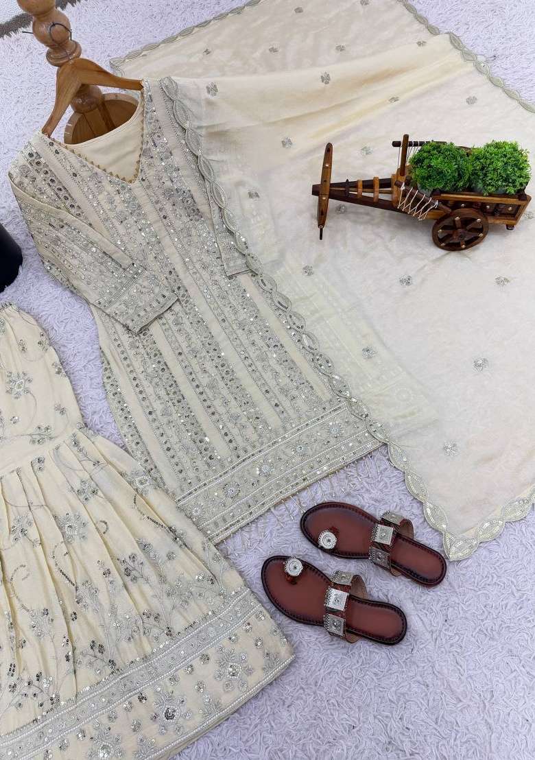 Cream Embroidery Georgette Sharara Set - Indya