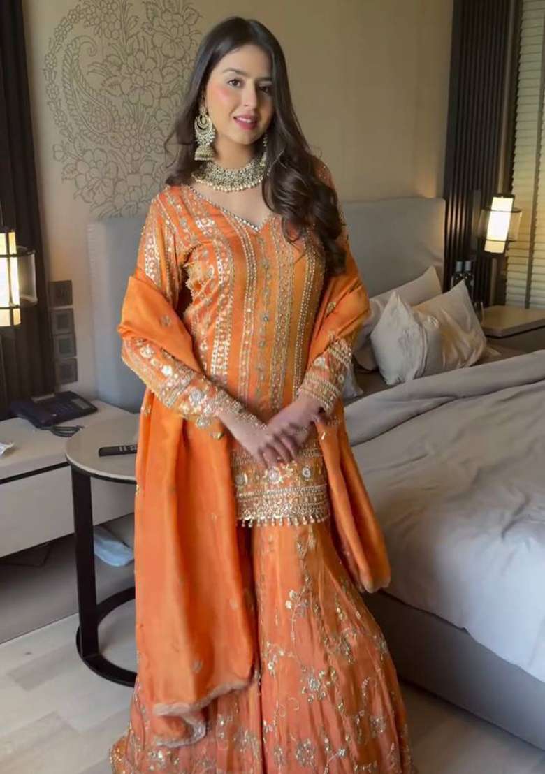 Orange Embroidery Georgette Sharara Set - Indya