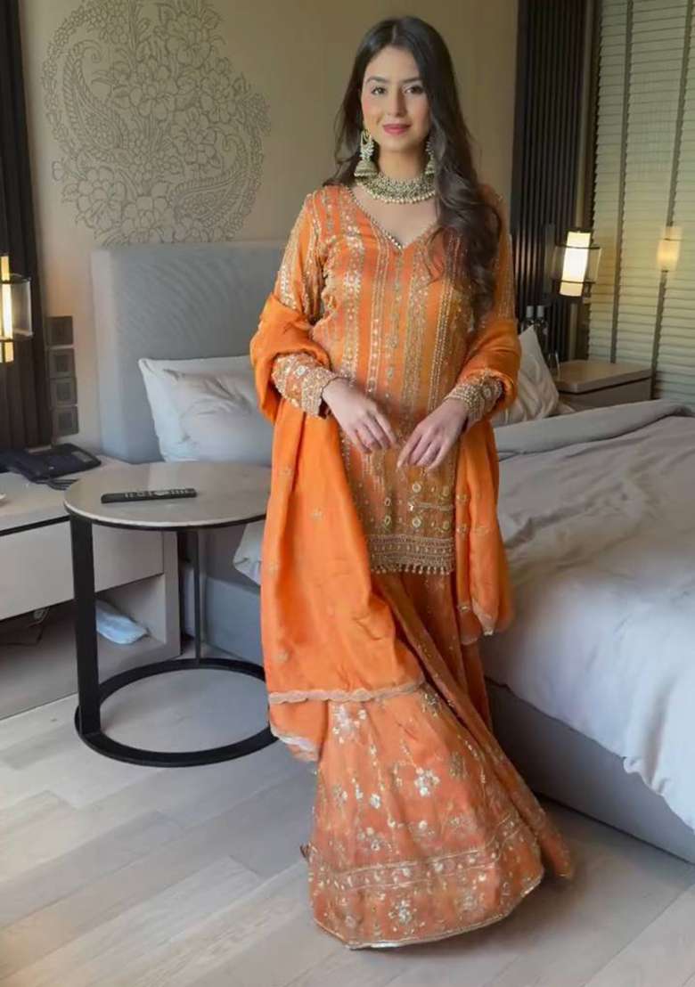 Orange Embroidery Georgette Sharara Set - Indya