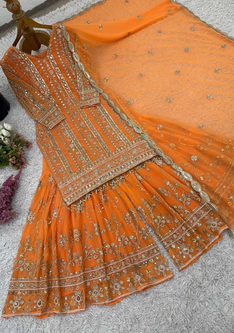 Orange Embroidery Georgette Sharara Set - Indya