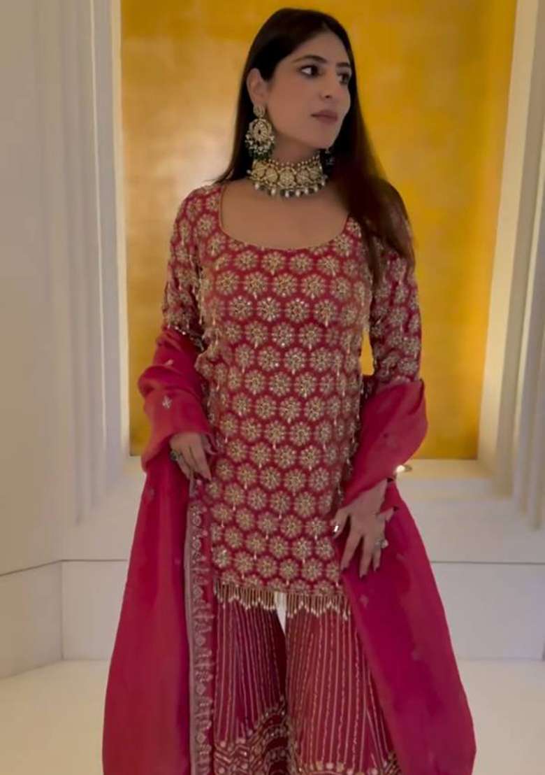 Red Embroidery Georgette Sharara Set - Indya