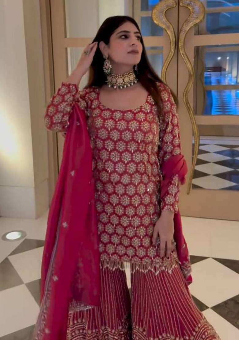 Red Embroidery Georgette Sharara Set - Indya