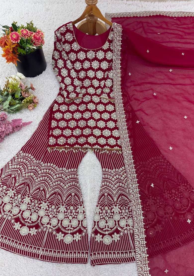 Red Embroidery Georgette Sharara Set - Indya