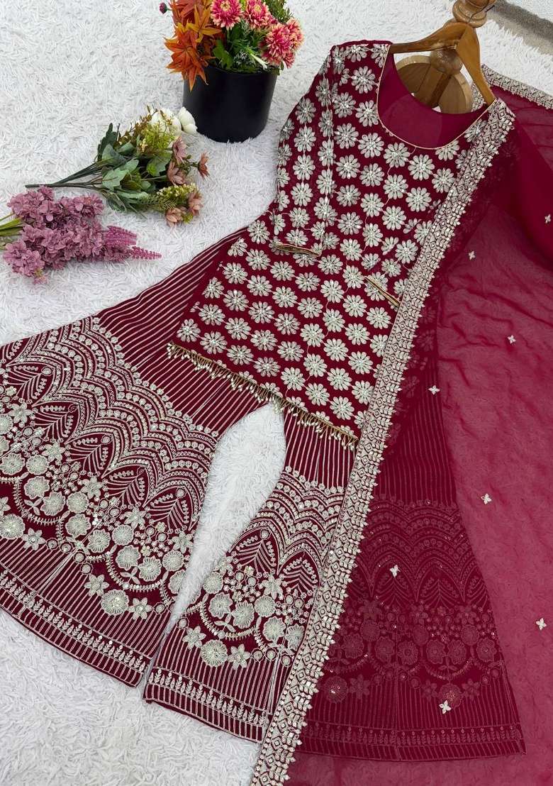 Red Embroidery Georgette Sharara Set - Indya