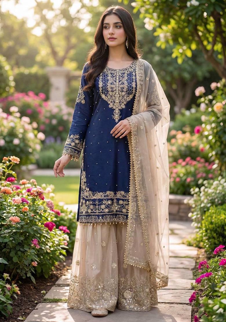Navy Blue Sequin Silk Sharara Set - Indya