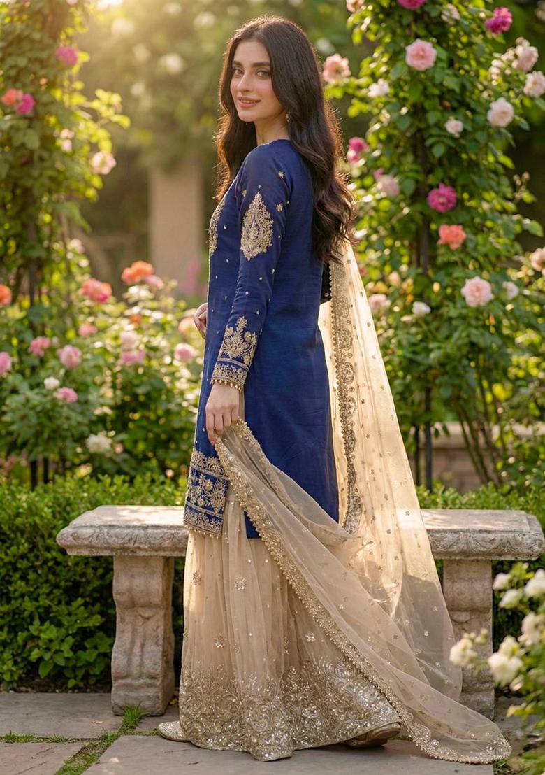 Navy Blue Sequin Silk Sharara Set - Indya