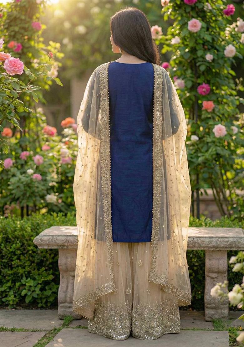 Navy Blue Sequin Silk Sharara Set - Indya