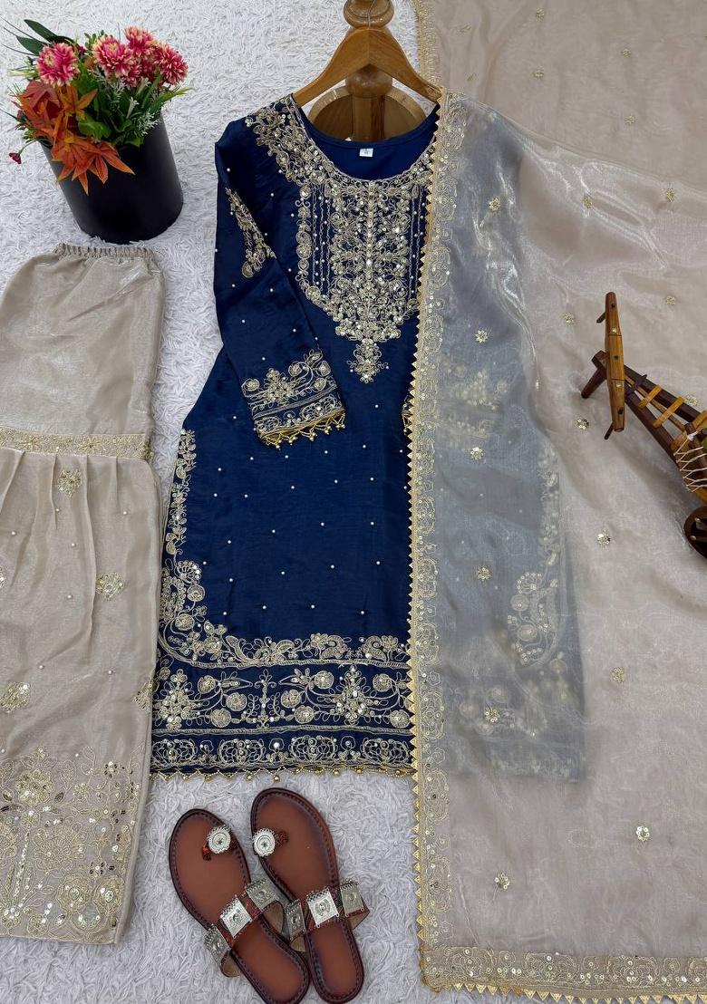 Navy Blue Sequin Silk Sharara Set - Indya