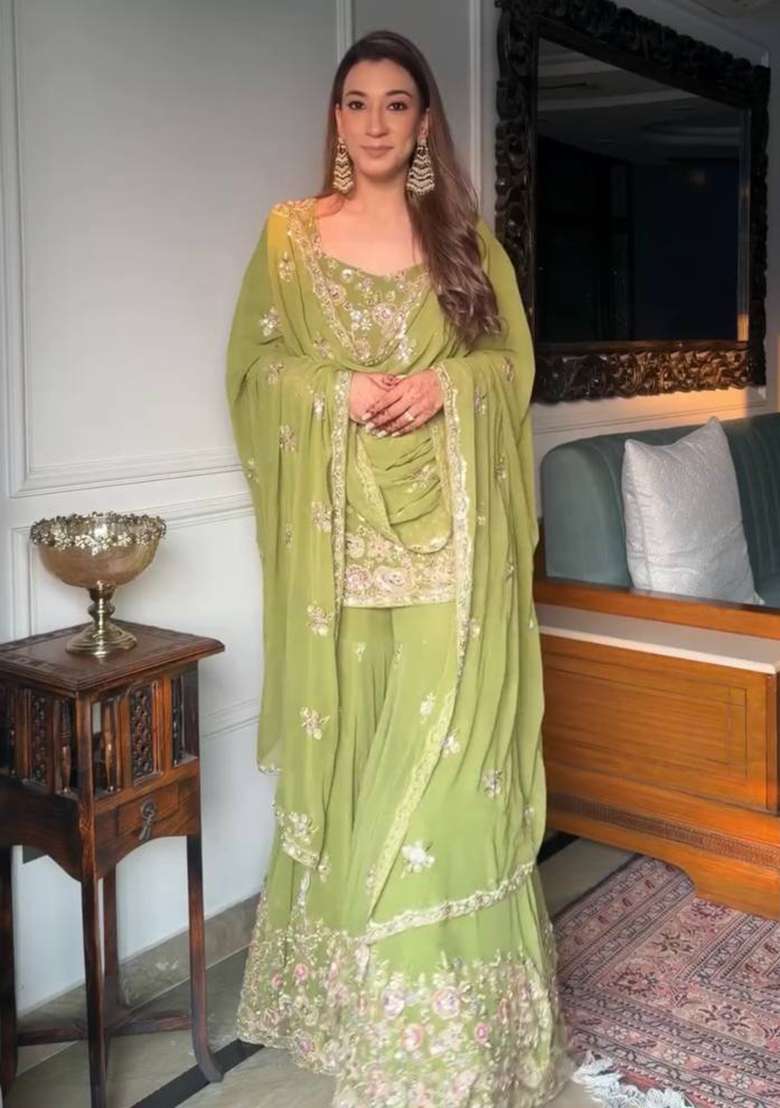 Parrot Green Embroidery Georgette Sharara Set - Indya