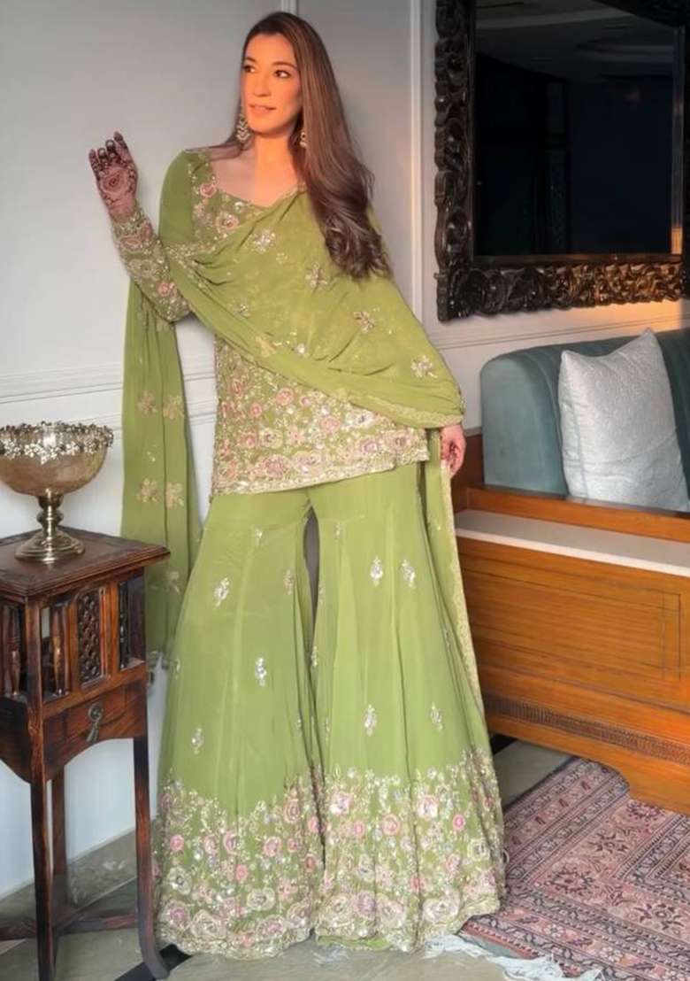 Parrot Green Embroidery Georgette Sharara Set - Indya