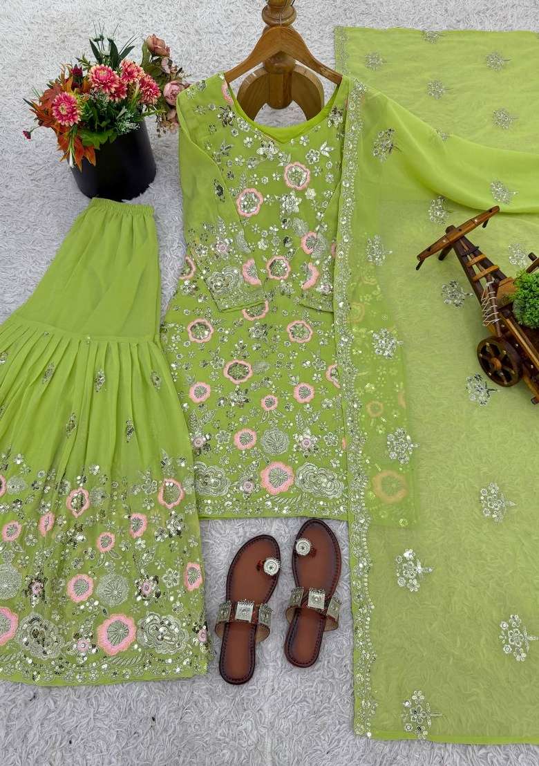 Parrot Green Embroidery Georgette Sharara Set - Indya