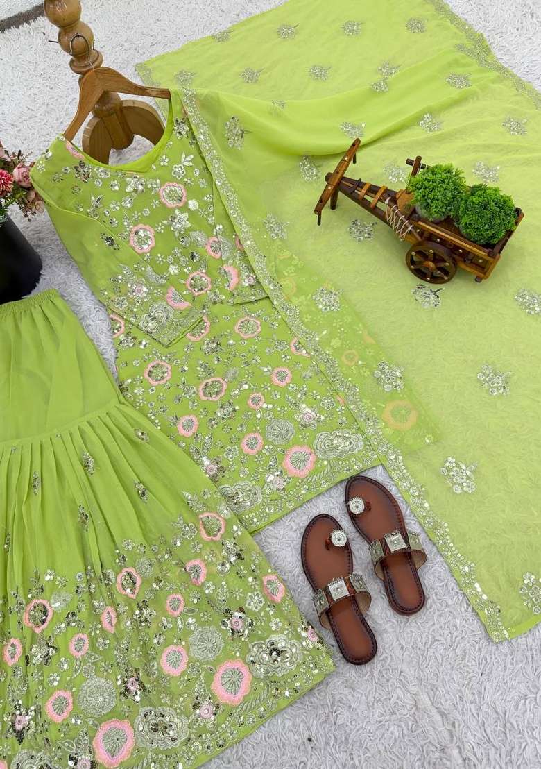 Parrot Green Embroidery Georgette Sharara Set - Indya