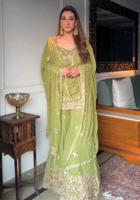 Parrot Green Embroidery Georgette Kurta Set