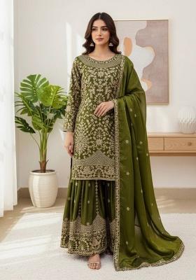 Mehendi Embroidery Silk Kurta Set