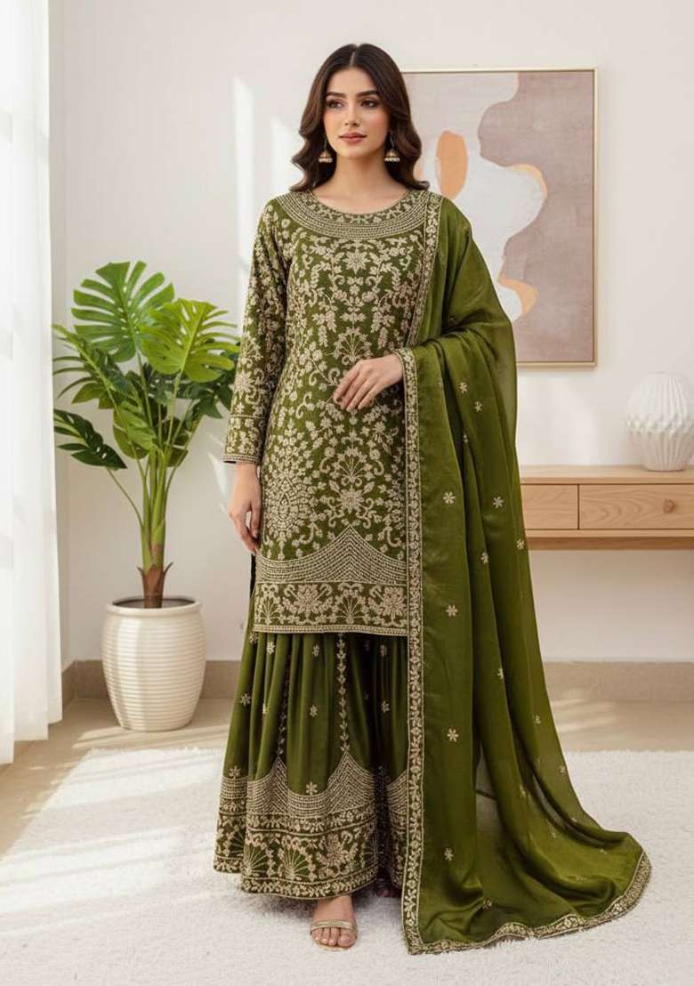Mehendi Embroidery Silk Sharara Set - Indya