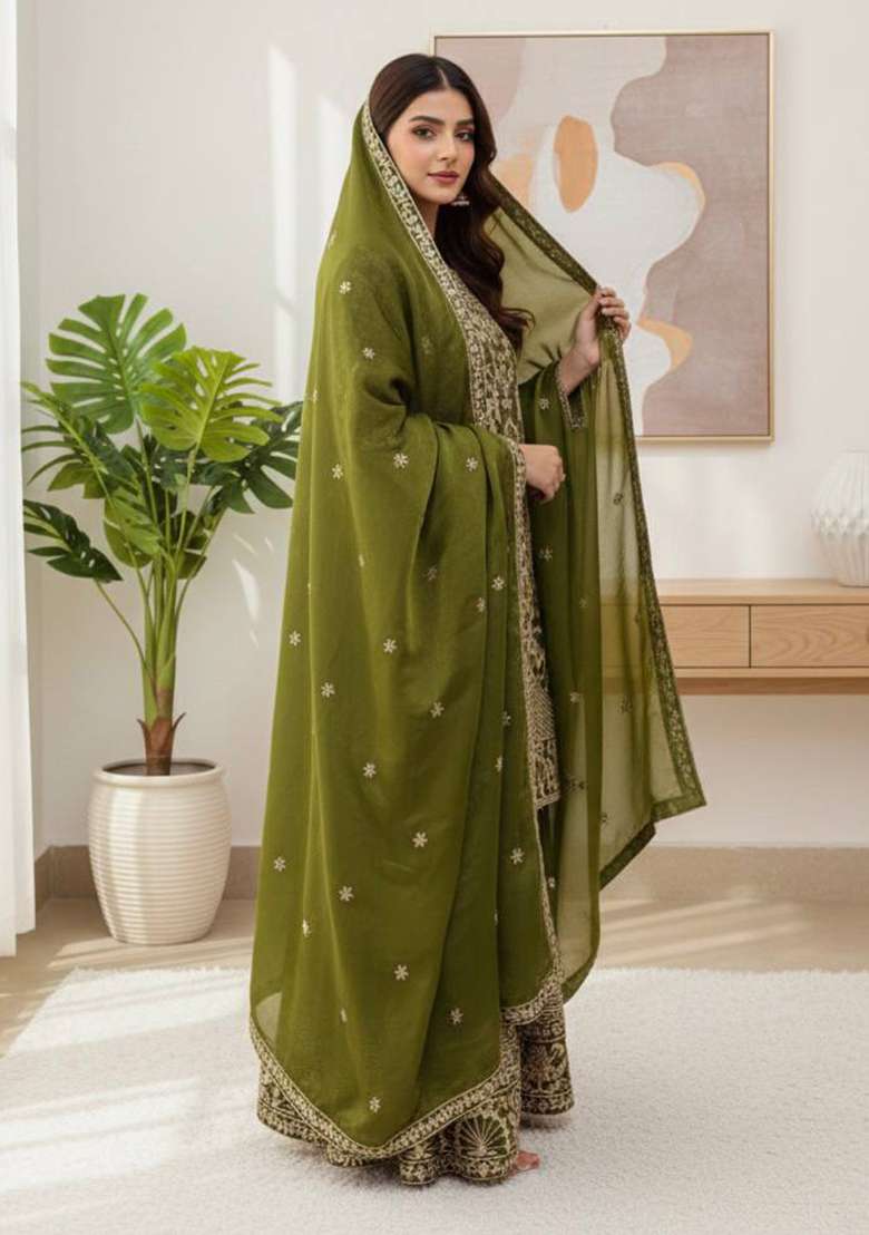 Mehendi Embroidery Silk Sharara Set - Indya