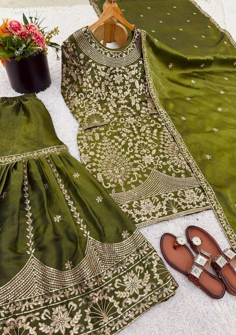 Mehendi Embroidery Silk Sharara Set - Indya
