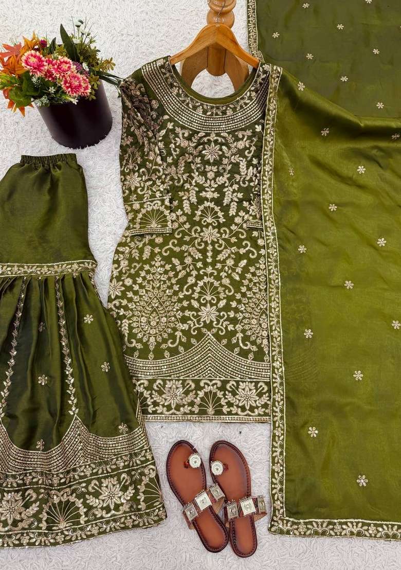 Mehendi Embroidery Silk Sharara Set - Indya