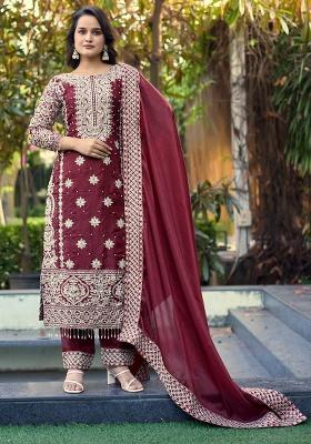 Maroon Embroidery Silk Kurta Set
