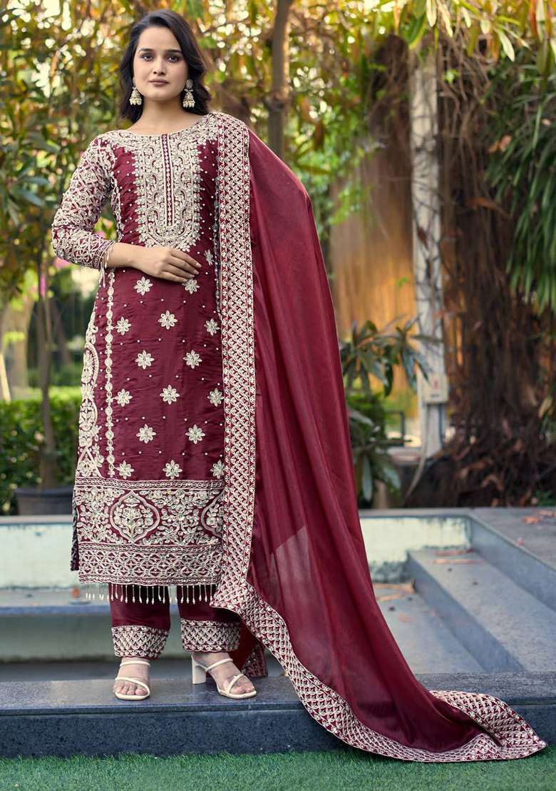 Maroon Embroidery Silk Kurta Set - Indya