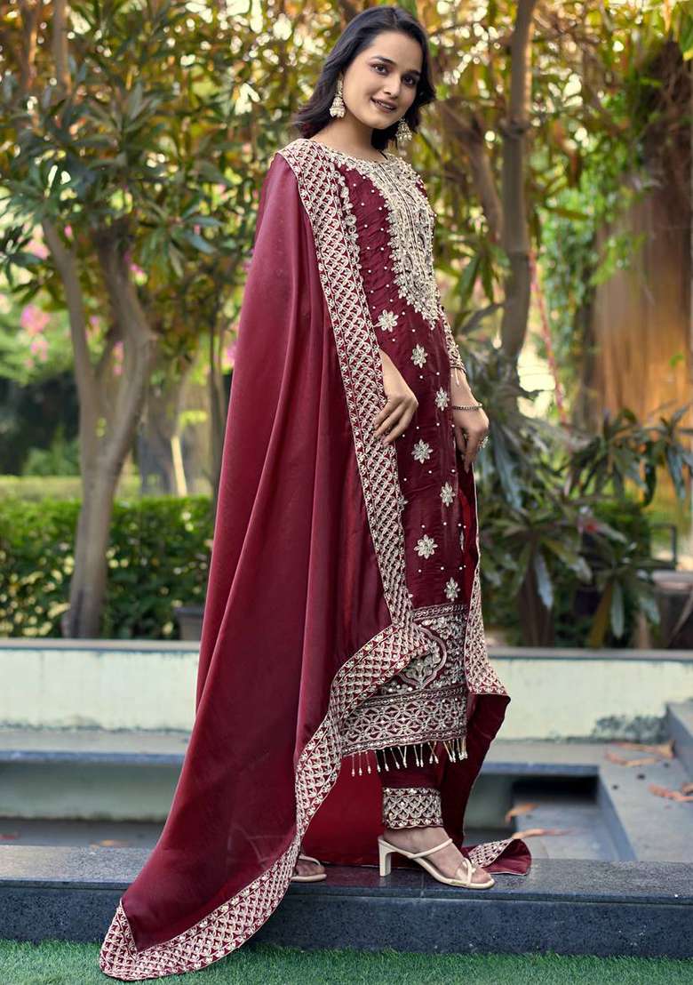 Maroon Embroidery Silk Kurta Set - Indya