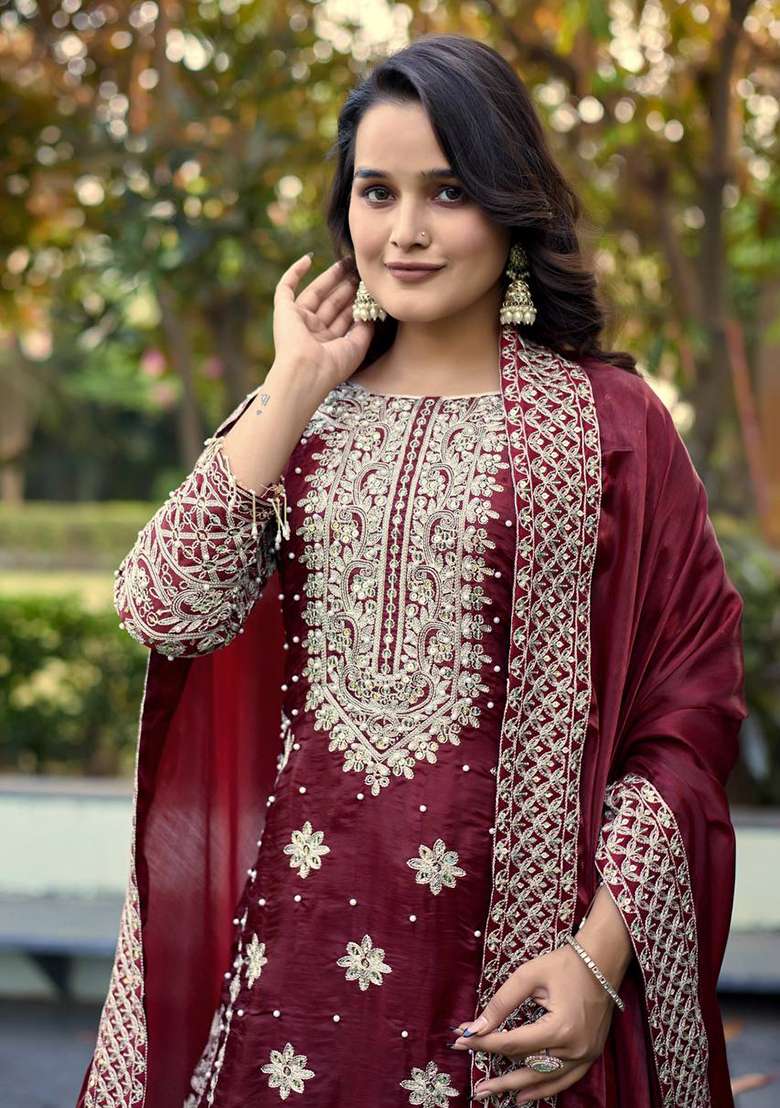 Maroon Embroidery Silk Kurta Set - Indya