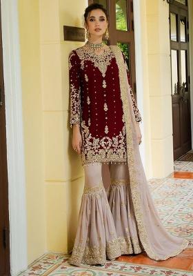 Maroon Embroidery Georgette Kurta Set