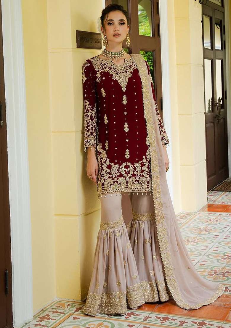 Maroon Embroidery Georgette Sharara Set - Indya