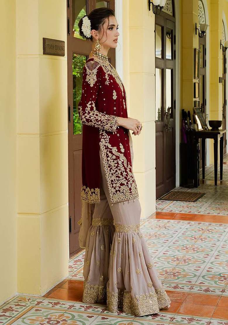 Maroon Embroidery Georgette Sharara Set - Indya